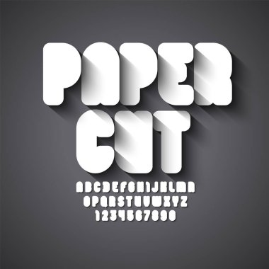 Yuvarlak kağıt yazı tipi, gölgeli, modaya uygun çizgi film alfabesi, kalın harfler ve sevimli bir şekilde yapılmış numaralar, vektör illüstrasyonu 10eps