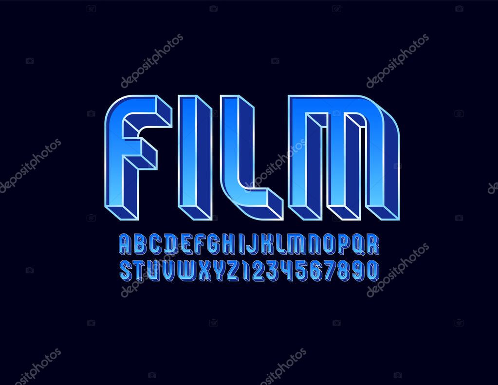 3D modern Font, trendy blue alphabet, condensed letters and numbers with line, vector illustration 10eps
