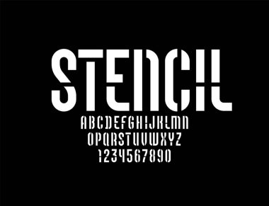 Futuristik yazı tipi, stencil alfabe, modern geometrik harfler ve sayılar, vektör illüstrasyonu 10EPS