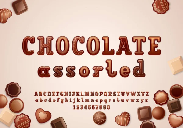 Fonte originale en 3D dans le style chocolat, alphabet arrondi dalle serif, lettres majuscules et minuscules de A à Z et chiffres de 0 à 9, illustration vectorielle 10EPS — Image vectorielle