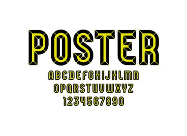 Keskin blok, facet yazı tipi, eğimli harfler A-Z ve rakamlar 0-9, vektör 10EPS