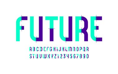 Yüksek teknoloji parlak yazı tipi, modern moda alfabesi, parçalardan yapılmış harfler ve numaralar, vektör illüstrasyon 10EPS