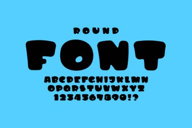 Çizgi roman tarzında yuvarlak yazı tipi, modaya uygun çizgi film alfabesi, koyu siyah harfler ve eğlenceli tarzda yapılmış rakamlar, vektör illüstrasyonu 10eps