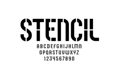 Gelecekçi siyah yazı tipi, stencil alfabe, modern geometrik harfler ve sayılar, vektör illüstrasyonu 10EPS