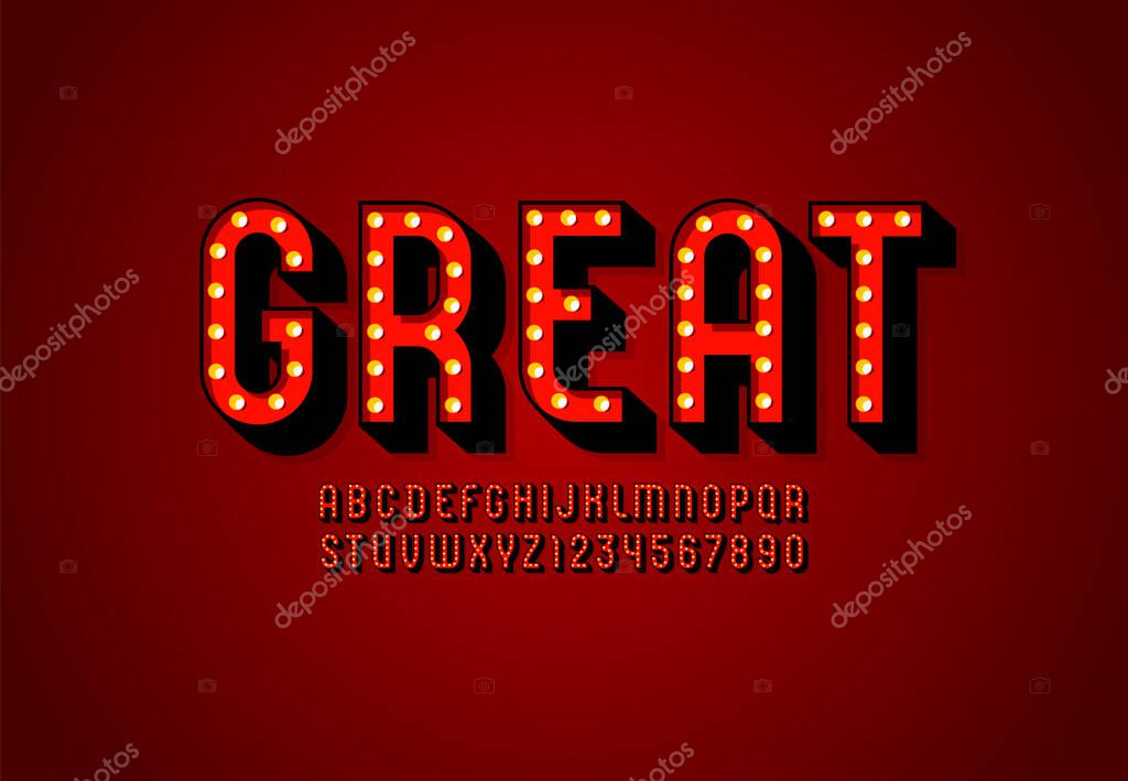 3D modern Font, retro volumetric alphabet, condensed letters and numbers with light bulbs, vector illustration 10eps