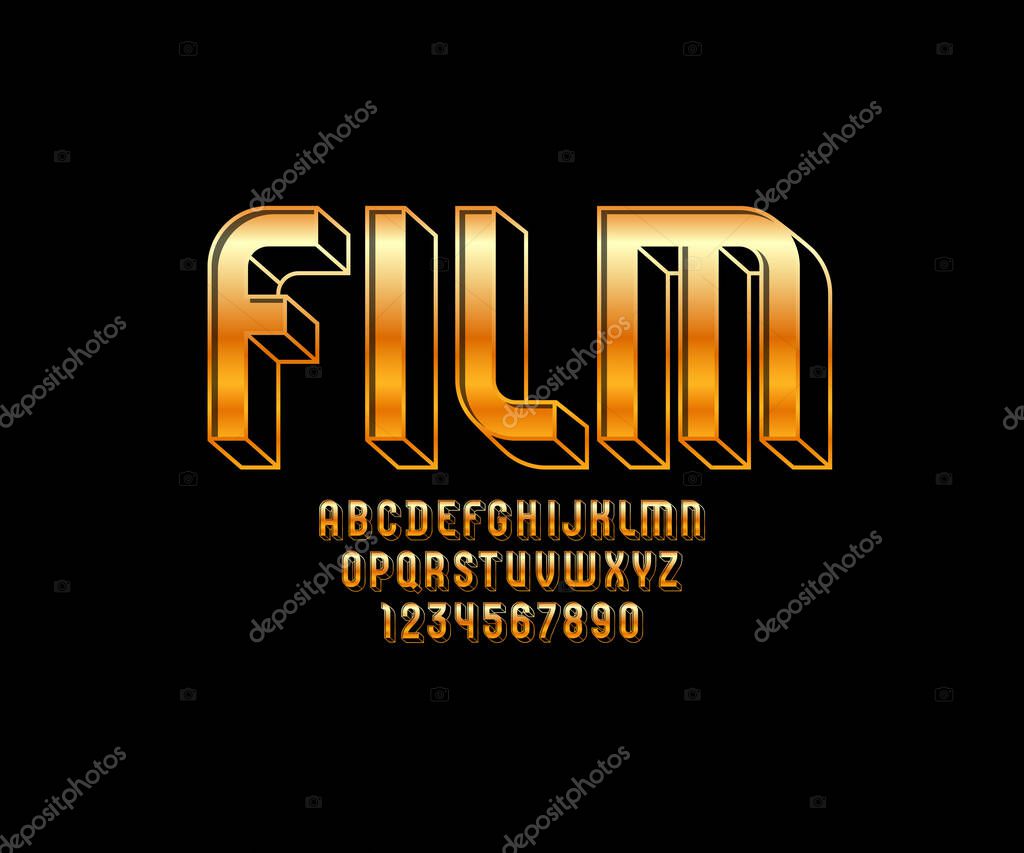 Golden bright font, modern metallic alphabet, gold capital Latin letters from A to Z and Arab numbers from 0 to 9, vector illustration 10EPS