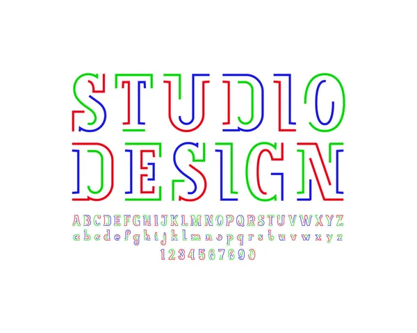 Μοντέρνα μοντέρνα γραμματοσειρά serif πλάκα, αλφάβητο από δύο πολύχρωμες ρίγες, γράμματα και αριθμούς — Διανυσματικό Αρχείο