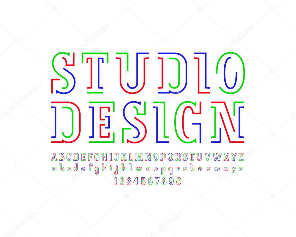 Trendy modern font slab serif, alphabet from two multi colored stripes, letters and numbers