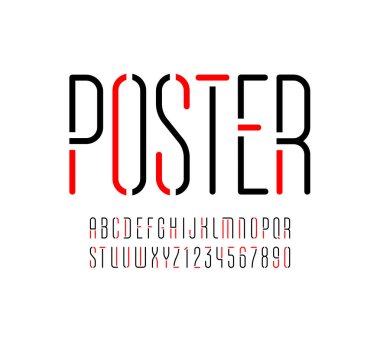 İnce satır yazı tipi, modaya uygun çok renkli alfabe, modern yoğunlaştırılmış harf ve sayılar, vektör illüstrasyonu 10EPS