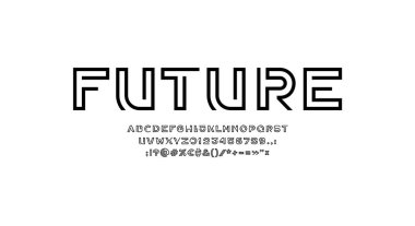Modern dijital biçim alfabesi, ince segment çizgisinden modayı takip eden yazı tipi, asgari teknoloji tarzı harfler ve sayılar ve noktalama işaretleri, vektör illüstrasyonu 10EPS