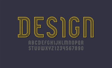 Çizgili yazı tipi, sarı alfabe, modern büyük harf A 'dan Z' ye Latin harfler ve 0 'dan 9' a Arap rakamları, vektör illüstrasyonu 10EPS