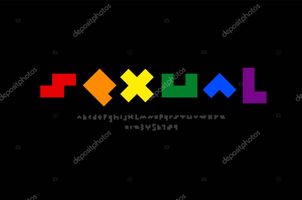 Font in the multi color style, trendy bold alphabet, letters and numbers, vector illustration 10eps