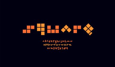 Turuncu piksel yazı tipi, modaya uygun oyun alfabesi, koyu Latin harfleri ve mozaik tarzda yapılmış Arap numaraları, vektör illüstrasyonu 10eps