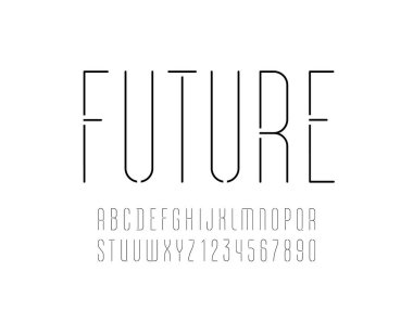 Ultra ince siyah çizgi yazı tipi, modaya uygun stencil alfabe, modern yoğunlaştırılmış harf ve sayılar, vektör illüstrasyon 10EPS