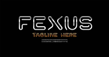 Metalik dijital biçim alfabesi, gümüş segment çizgisinden modayı takip eden yazı tipi, altın teknoloji tarzı harfler ve sayılar ve noktalama işaretleri, vektör illüstrasyonu 10EPS