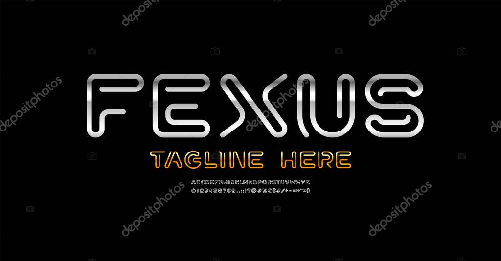 Metallic digital style alphabet, trendy font from silver segment line, golden technology style letters and numbers and punctuation marks, vector illustration 10EPS
