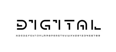 Parça çizgilerinden modern yazı tipi alfabesi, teknoloji tarzı harfler ve sayılar, vektör illüstrasyonu 10EPS