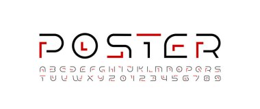 Bölüm satırından modern yazı tipi ince alfabe, teknoloji tarzı harfler ve sayılar, vektör illüstrasyonu 10EPS