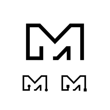 Teknik harf M, dijital alfabe siber yazı tipi, üç farklı harf kümesi, vektör illüstrasyon 10EPS