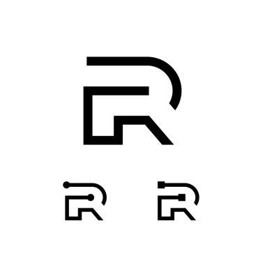 Teknik harf R, dijital alfabe siber yazı tipi, üç farklı harf kümesi, vektör illüstrasyon 10EPS