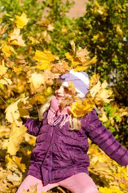 Çocuk sonbahar yaprakları atma