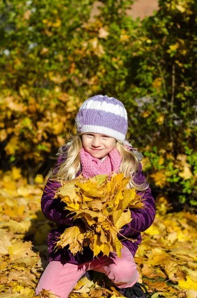 Criança feliz brincando com folhas de outono — Fotografia de Stock
