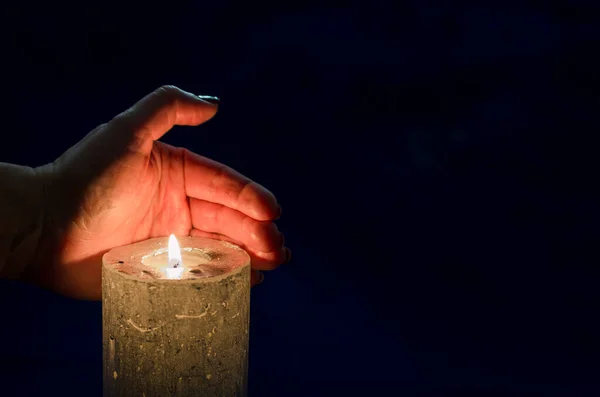 Funeral Concept Candle Burning Black Background — Stock Photo, Image