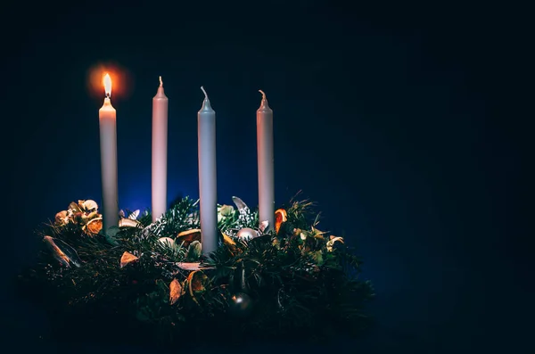 Advent Concept One Glowing Burning Candle Copy Space — Stock Photo, Image