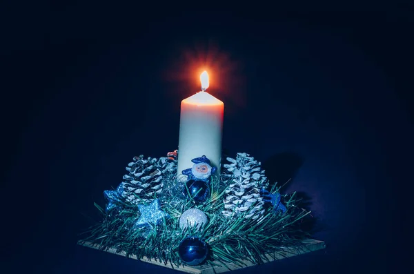 Christmas Concept Candle Burning Black Background — Stock Photo, Image