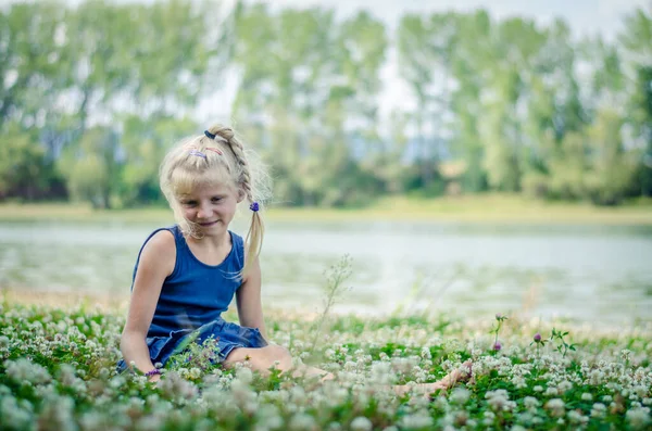 Adorável Encantadora Menina Loira Sentado Prado Floral Verde Com Monte — Fotografia de Stock