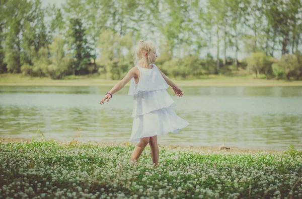 Adorable Charming Blond Girl Having Fun Green Floral Meadow Enjoying — Stock Photo, Image