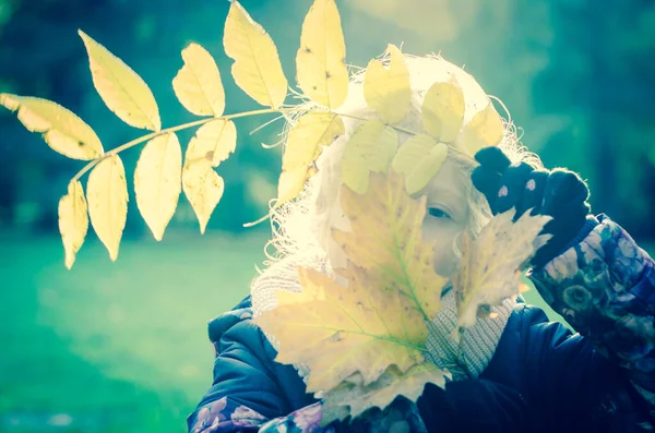 Kind Mit Gelbem Bunten Blatt Der Hand Nebliger Herbstlicher Atmosphäre — Stockfoto