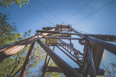 Bahar ormanındaki ağaçların arasındaki ahşap gözlem kulesinin tepesine bakın.