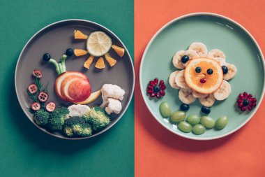 Tabakta renkli resimli meyve ve sebzeler