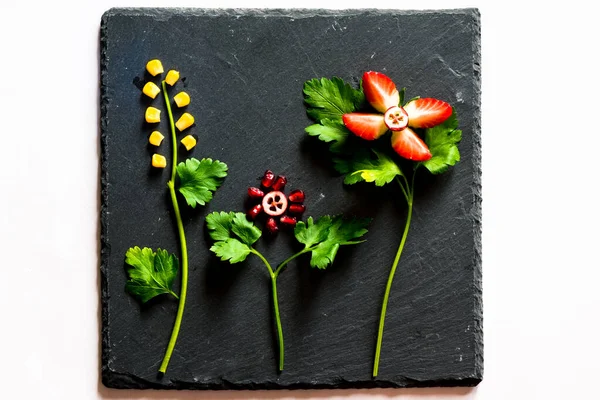 Fruit Vegetable Creative Ideas Black Shale Background Flower Images Isolated — Stock Photo, Image