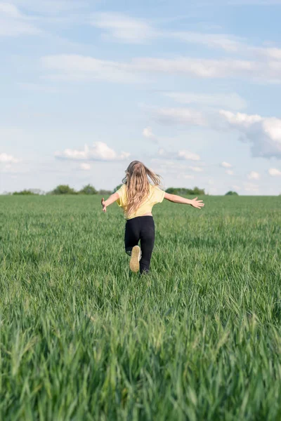 Dziewczynka Długimi Blond Włosami Uciekająca Zielonym Polu Żyta Wiosną — Zdjęcie stockowe