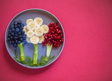 Muz, yaban mersini ve nar ağacından yapılmış, kırmızı arka planda izole edilmiş meyve ağaçları.