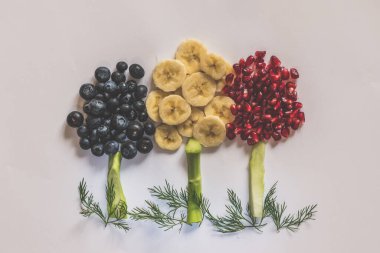Muz, yaban mersini ve nar ağacından yapılmış meyve ağaçları beyaz arka planda izole edilmiştir.
