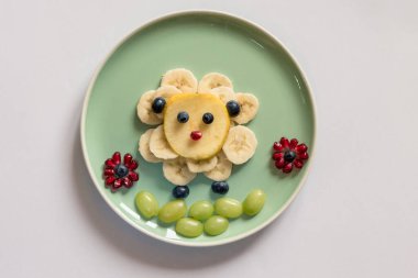 Tabakta mutlu Paskalya konsepti, muz meyvesinden koyunlar tabakta vitamin dolu, beyaz arka planda izole edilmiş.