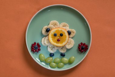 Tabakta mutlu Paskalya konsepti, muz meyvesinden koyunlar yeşil tabakta vitamin dolu, turuncu arka planda izole edilmiş.