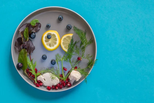 Fisch Aus Zitronenscheiben Und Meer Aus Couliblumen Und Blaubeeren Auf — Stockfoto