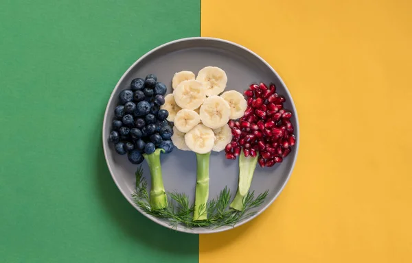 Obstbäume Auf Dem Teller Aus Bananen Blaubeeren Granatapfel Äpfeln Auf — Stockfoto