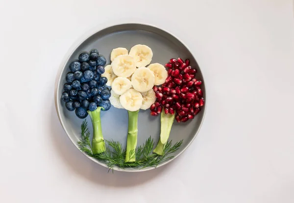 Obstbäume Auf Dem Teller Aus Bananen Blaubeeren Granatapfel Äpfeln Auf — Stockfoto