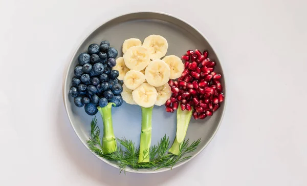 Fruit Trees Plate Made Banana Blueberries Pomegranate Apples Isolated White — Stock Photo, Image