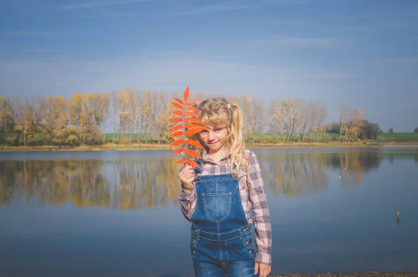 Imádnivaló Tinédzser Lány Farmerban Tartja Kezében Élénk Narancs Őszi Levél — Stock Fotó