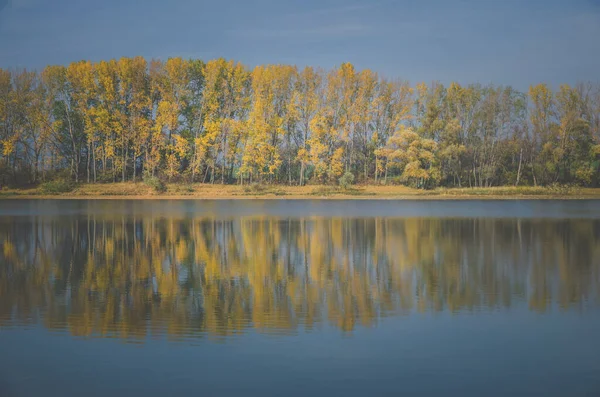 Reflejo Coloridos Árboles Otoñales Río Tranquilo Día Soleado Otoño — Foto de Stock