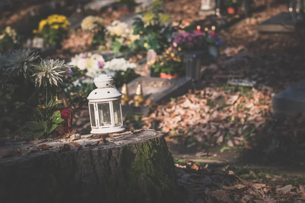 Vit Lykta Och Färgglada Blommig Dekoration Graven Kyrkogården Hösten Tid — Stockfoto