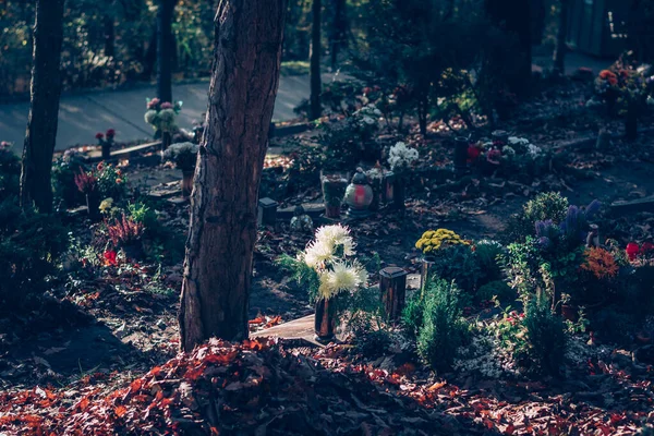 Barevné Květinové Dekorace Hrobě Hřbitově Podzim — Stock fotografie