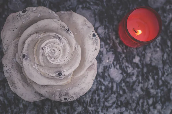 Burning Candle White Stone Rose Symbol — Stock Photo, Image