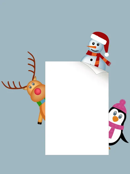 Penguin, reindeer and snowman background — Stock Vector